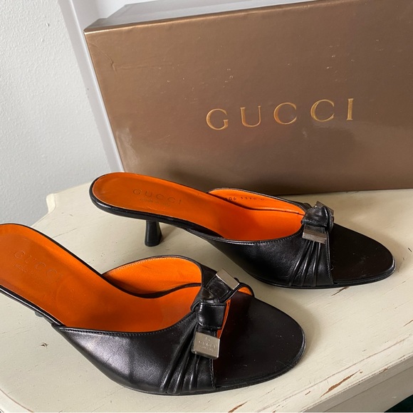 GUCCI Leather Slides Black Kitten Heel Size 6 🧡 - Picture 3 of 9
